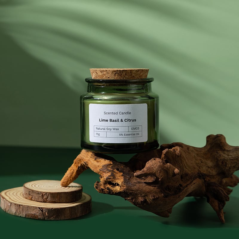 Wood Stoppered Green Glass Soy Wax Scented Candle