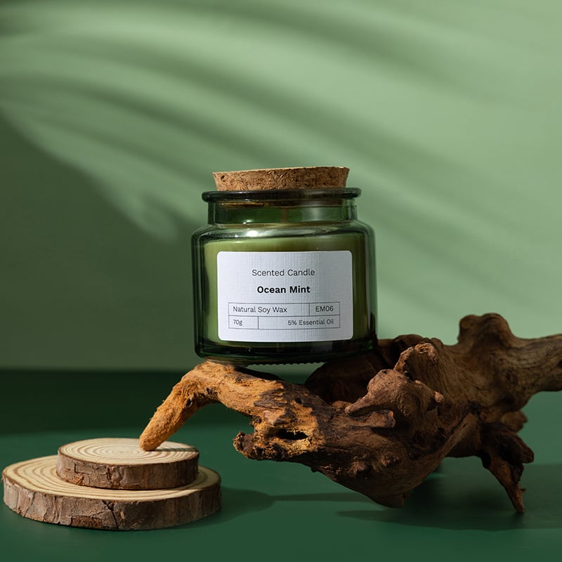 Wood Stoppered Green Glass Soy Wax Scented Candle