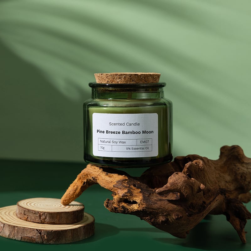 Wood Stoppered Green Glass Soy Wax Scented Candle